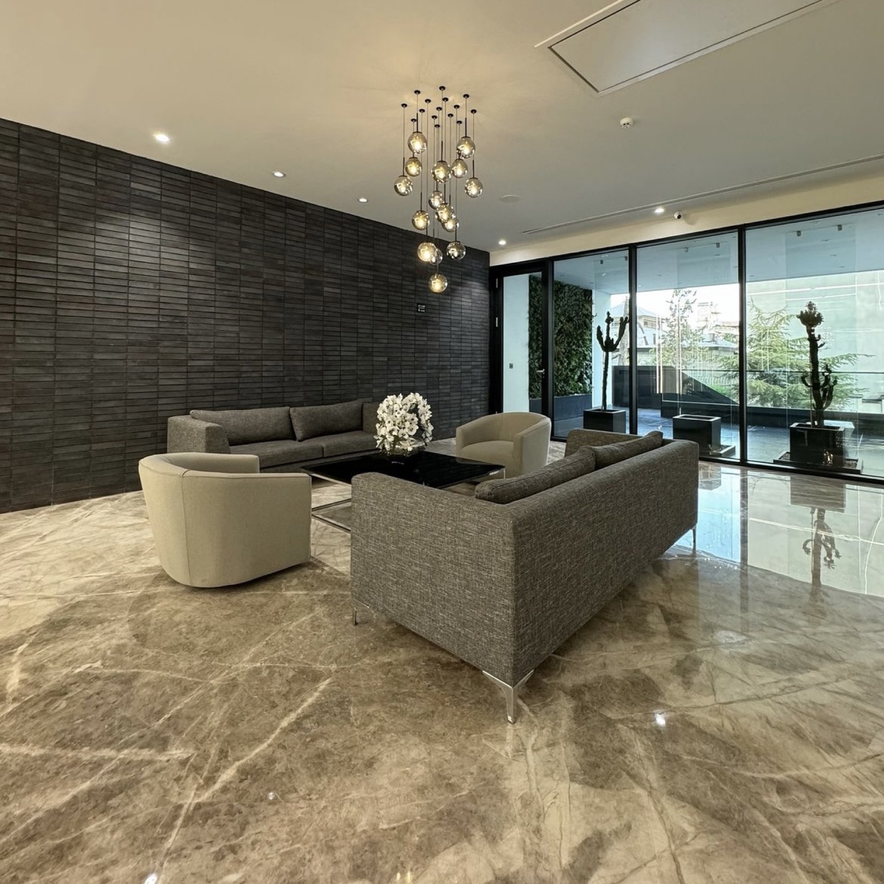 Luxury living room with polished marble flooring